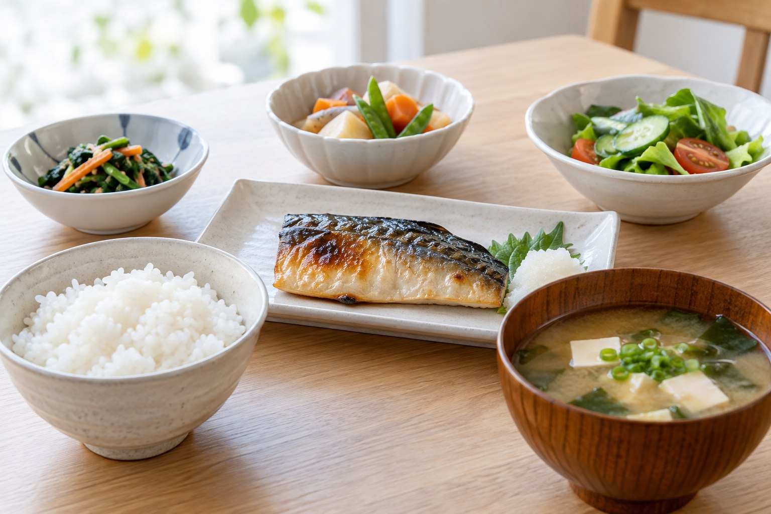 焼き魚・ご飯・味噌汁・野菜を組み合わせた和食のイメージ